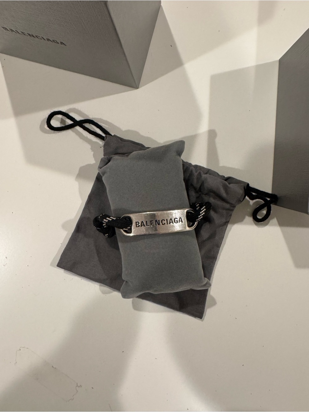Balenciaga Silver Plate Bracelet with Black Rope